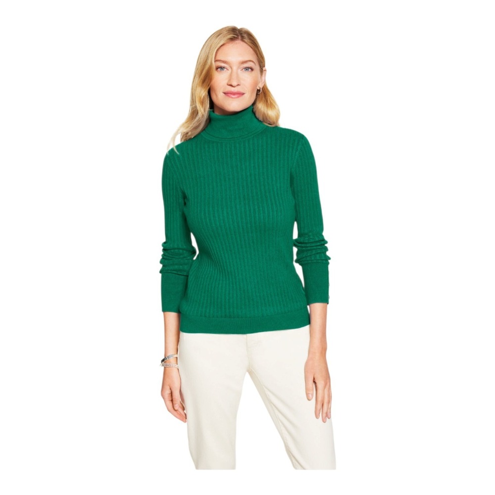 Talbots Kelly Green Cable Knit Turtleneck Sweater Button Cuff Detail Size XL